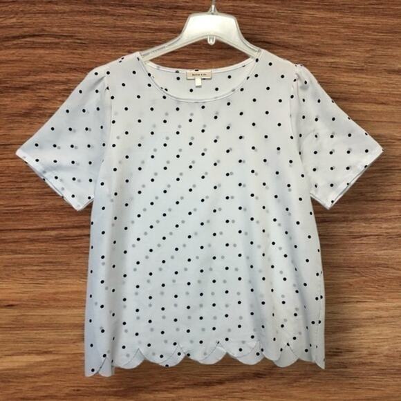 Hailey & Co. Polka Dot Blouse black white short sleeve scalloped hem Size Large - Picture 2 of 11
